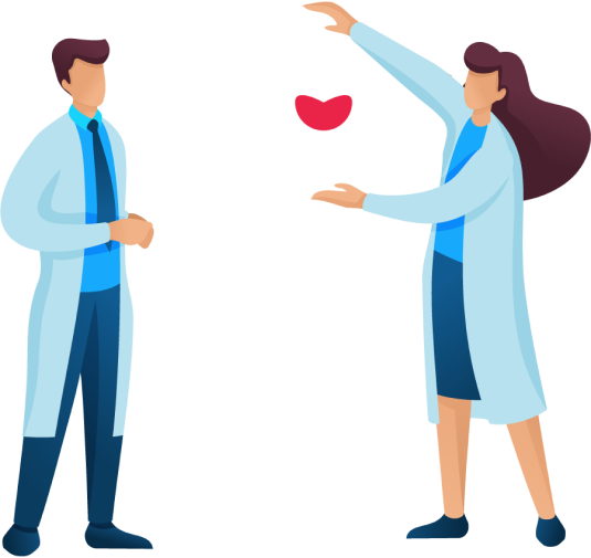 ilustração um homem de jaleco e uma mulher de jaleco com o icone da Onyma.